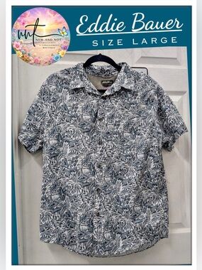 Eddie Bauer Mens Large Blue Tropical Print Short Sleeve Button Up Shirt Moisture
